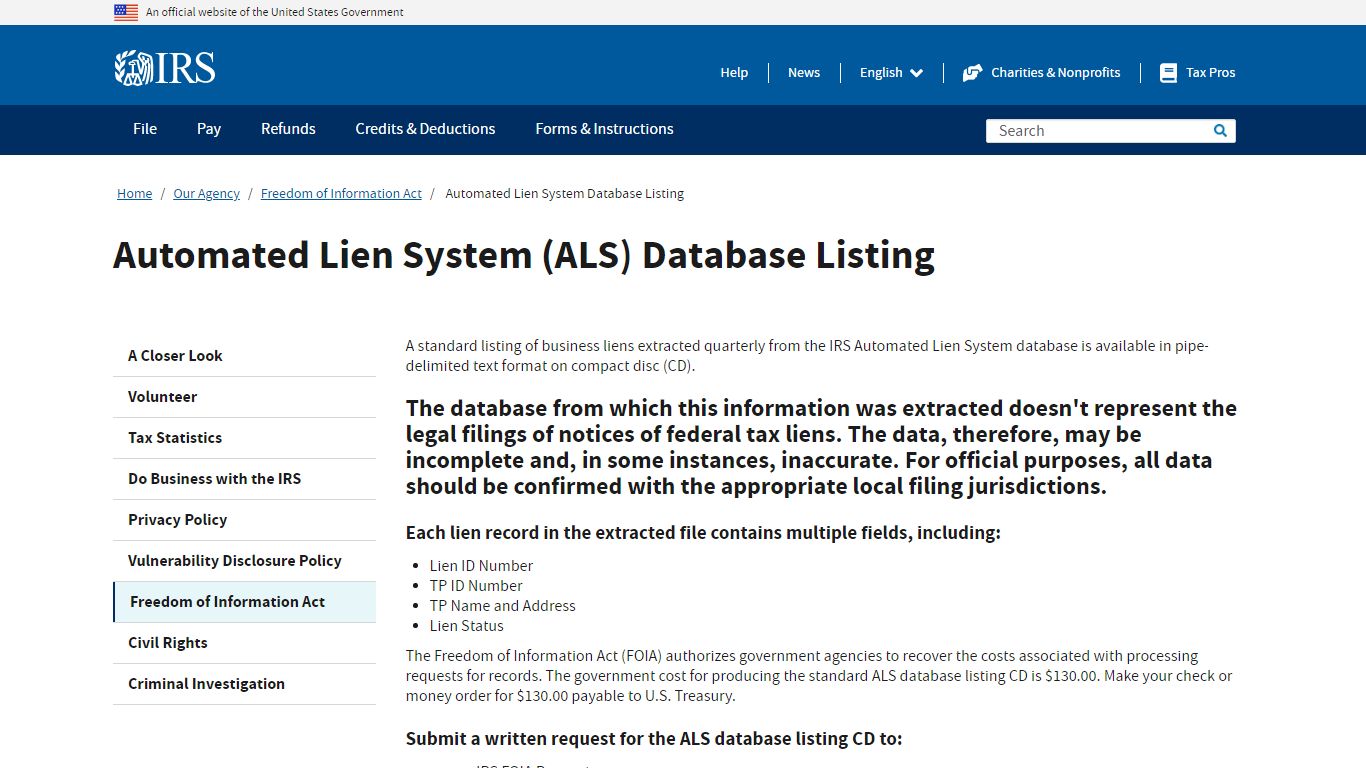 Automated Lien System (ALS) Database Listing - IRS tax forms